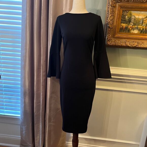 EUC Calvin Klein Black Stretch Crepe Sheath Dress w/ Bell Sleeves Size 10 - Picture 3 of 5